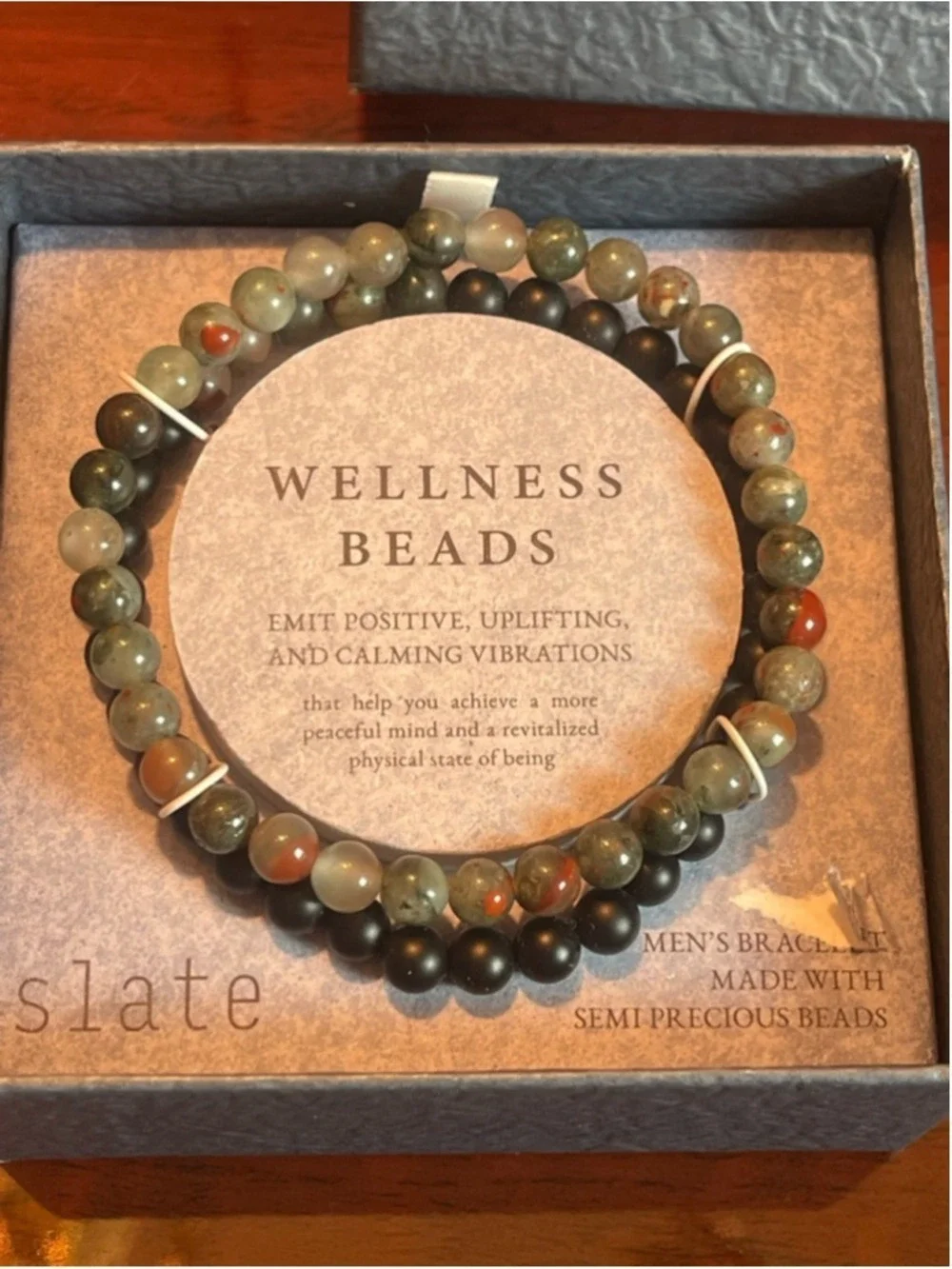 Slate Wellness Beads Men's Bracelet double-strands Semiprecious Agate Stones